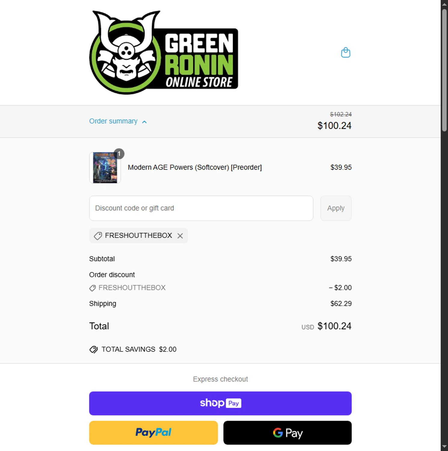 Green Ronin Publishing promo code screenshot showing code freshoutthebox applied at Green Ronin Publishing checkout page. Uploaded by SimplyCodes community member Alejandra10 on Jun 19, 2025