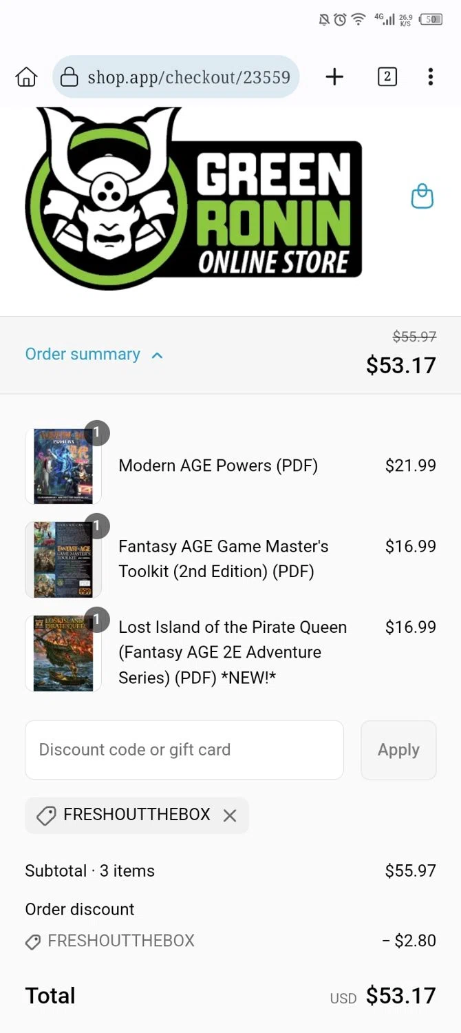 Green Ronin Publishing promo code screenshot showing code freshoutthebox applied at Green Ronin Publishing checkout page. Uploaded by SimplyCodes community member Diego_Soto on Jun 26, 2025