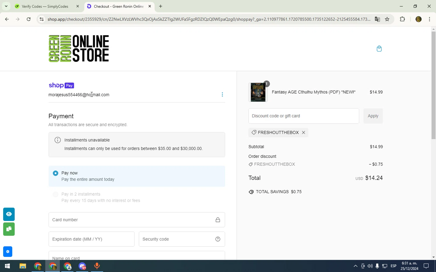 Green Ronin Publishing checkout page showing Green Ronin Publishing promo code box | Screenshot taken by SimplyCodes community member on Dec 25, 2024