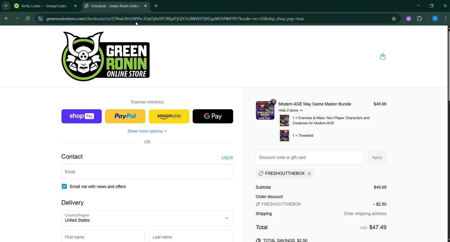 Green Ronin Publishing checkout page showing Green Ronin Publishing promo code box | Screenshot taken by SimplyCodes community member on May 15, 2025