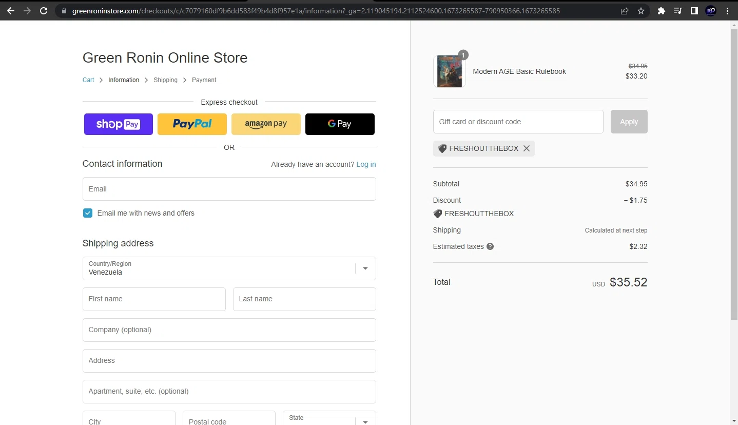 Green Ronin Publishing checkout page showing Green Ronin Publishing promo code box | Screenshot taken by SimplyCodes community member on Jan 9, 2023
