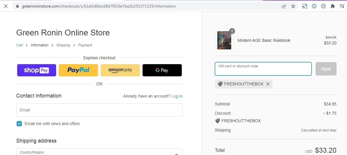 Green Ronin Publishing checkout page showing Green Ronin Publishing promo code box | Screenshot taken by SimplyCodes community member on Mar 8, 2023