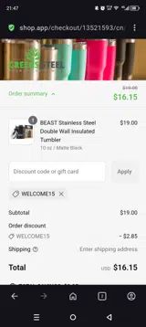WELCOME15 coupon verification screenshot