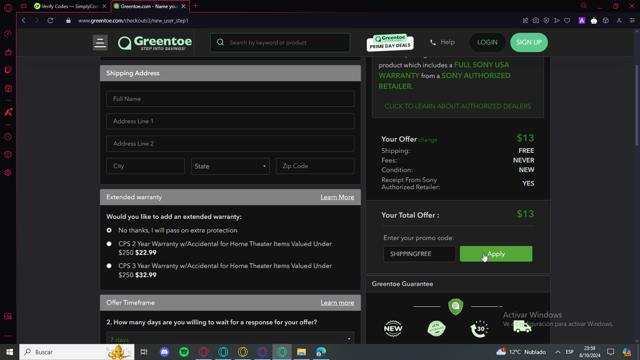 Greentoe checkout page showing Greentoe promo code box | Screenshot taken by SimplyCodes community member on Oct 9, 2024
