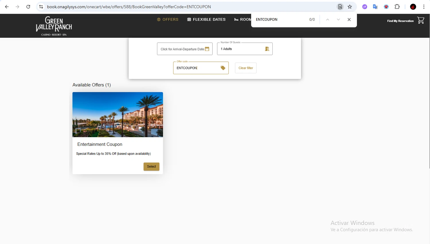 Green Valley Ranch promo code screenshot showing code ENTCOUPON applied at Green Valley Ranch checkout page. Uploaded by SimplyCodes community member Francisco01 on Dec 15, 2025