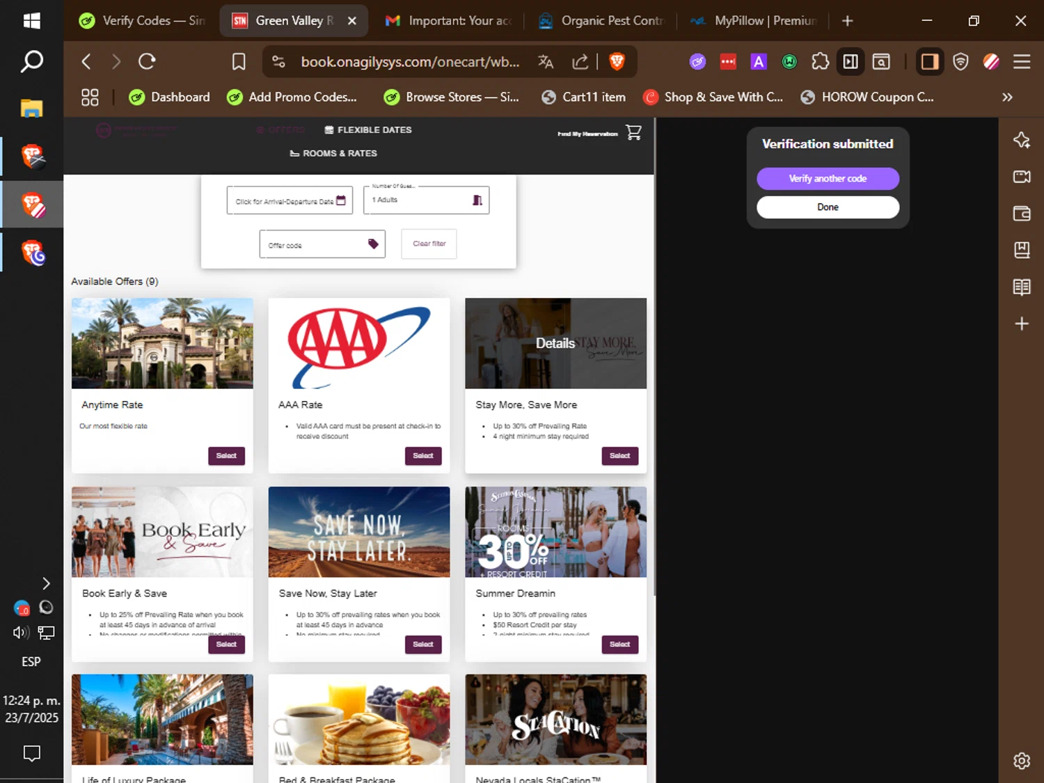 Green Valley Ranch promo code screenshot showing code ENTCOUPON applied at Green Valley Ranch checkout page. Uploaded by SimplyCodes community member ilarrazaM3 on Jul 23, 2025