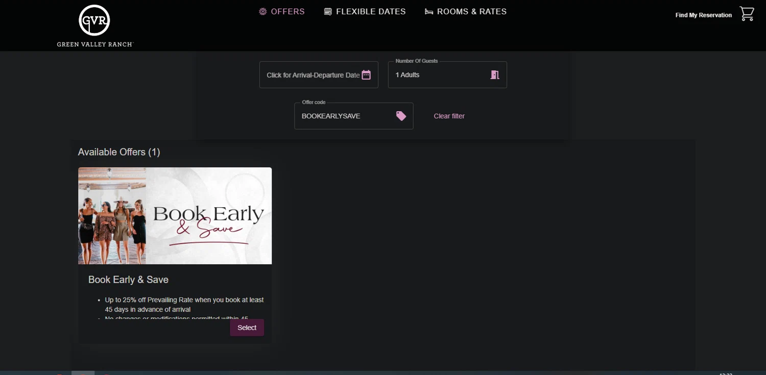 Green Valley Ranch promo code screenshot showing code BOOKEARLYSAVE applied at Green Valley Ranch checkout page. Uploaded by SimplyCodes community member TreasureMaestro5413 on Sep 14, 2025