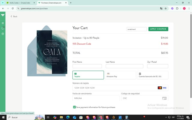 GreenVelope checkout page showing GreenVelope coupon code box | Screenshot taken by SimplyCodes community member on Jul 11, 2025