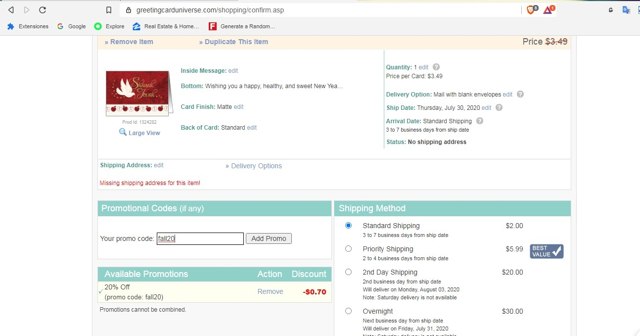 Greeting Card Universe checkout page showing Greeting Card Universe promo code box | Screenshot taken by SimplyCodes community member on Jul 29, 2020
