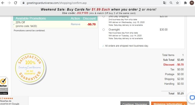 Greeting Card Universe checkout page showing Greeting Card Universe promo code box | Screenshot taken by SimplyCodes community member on Jul 10, 2020