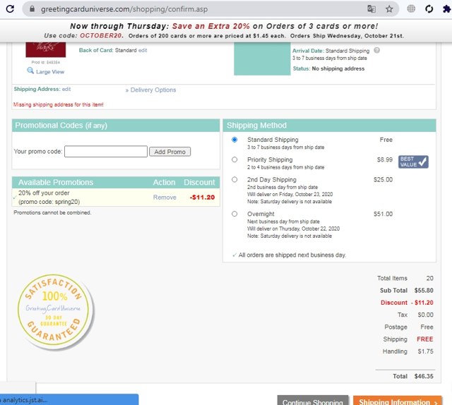 Greeting Card Universe checkout page showing Greeting Card Universe promo code box | Screenshot taken by SimplyCodes community member on Oct 20, 2020