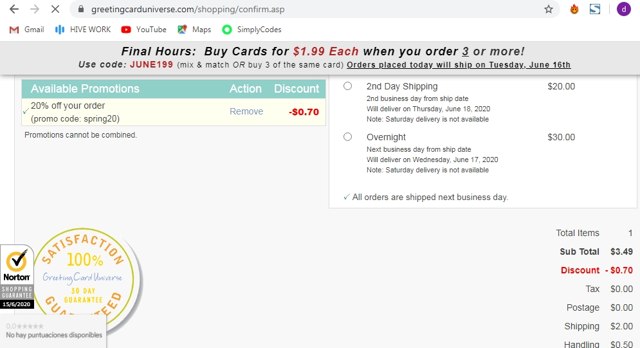 Greeting Card Universe checkout page showing Greeting Card Universe promo code box | Screenshot taken by SimplyCodes community member on Jun 15, 2020