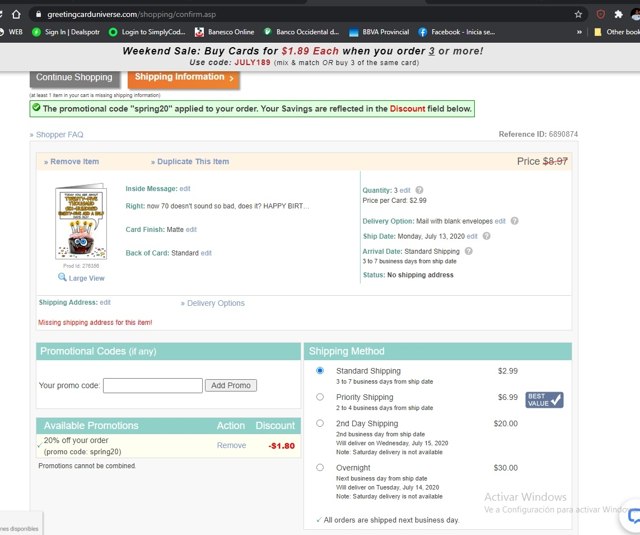 Greeting Card Universe checkout page showing Greeting Card Universe promo code box | Screenshot taken by SimplyCodes community member on Jul 10, 2020