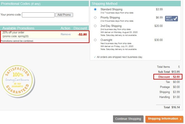 Greeting Card Universe checkout page showing Greeting Card Universe promo code box | Screenshot taken by SimplyCodes community member on Jul 29, 2020