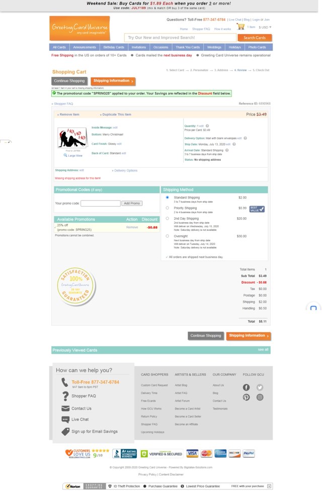 Greeting Card Universe checkout page showing Greeting Card Universe promo code box | Screenshot taken by SimplyCodes community member on Jul 10, 2020