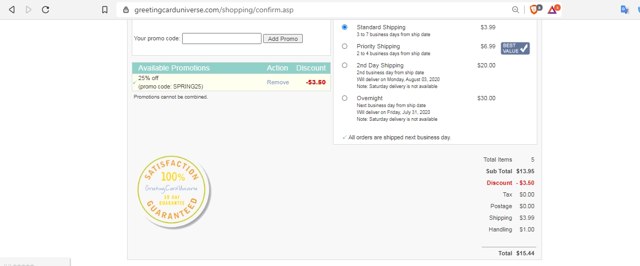 Greeting Card Universe checkout page showing Greeting Card Universe promo code box | Screenshot taken by SimplyCodes community member on Jul 29, 2020