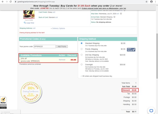Greeting Card Universe checkout page showing Greeting Card Universe promo code box | Screenshot taken by SimplyCodes community member on Jun 30, 2020