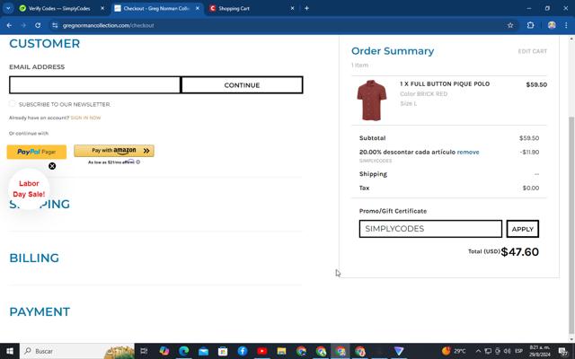 Greg Norman Collection checkout page showing Greg Norman Collection coupon code box | Screenshot taken by SimplyCodes community member on Aug 29, 2024
