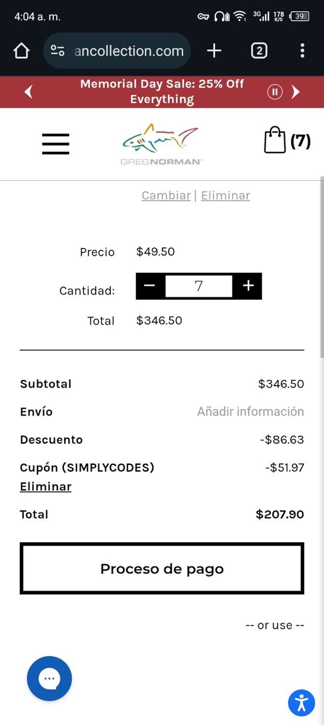Greg Norman Collection checkout page showing Greg Norman Collection coupon code box | Screenshot taken by SimplyCodes community member on May 22, 2025