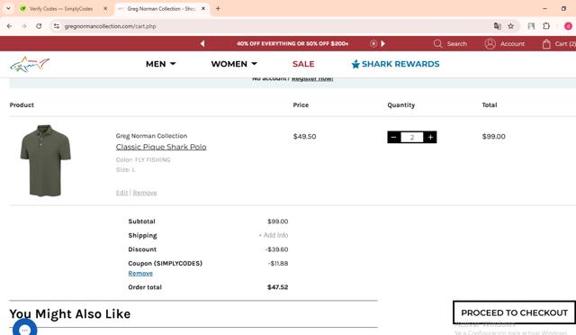 Greg Norman Collection checkout page showing Greg Norman Collection coupon code box | Screenshot taken by SimplyCodes community member on Nov 28, 2024