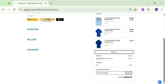 Greg Norman Collection checkout page showing Greg Norman Collection coupon code box | Screenshot taken by SimplyCodes community member on Apr 19, 2025