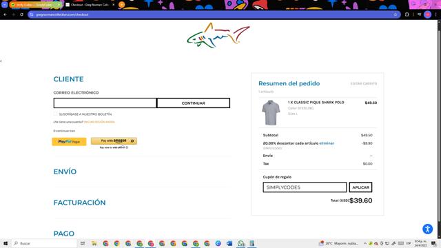 Greg Norman Collection checkout page showing Greg Norman Collection coupon code box | Screenshot taken by SimplyCodes community member on Apr 25, 2025