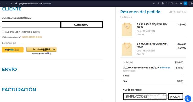 Greg Norman Collection checkout page showing Greg Norman Collection coupon code box | Screenshot taken by SimplyCodes community member on Apr 9, 2025