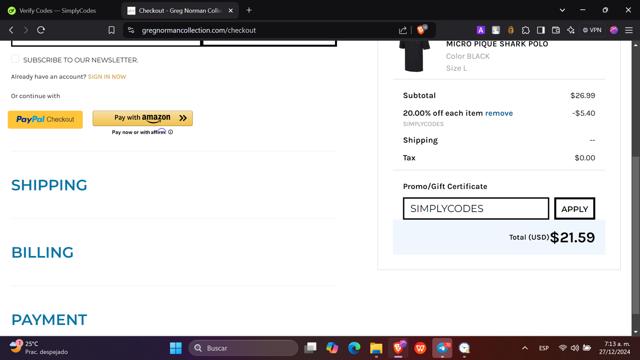 Greg Norman Collection checkout page showing Greg Norman Collection coupon code box | Screenshot taken by SimplyCodes community member on Dec 27, 2024