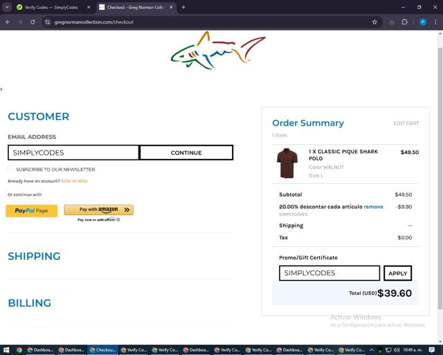 Greg Norman Collection checkout page showing Greg Norman Collection coupon code box | Screenshot taken by SimplyCodes community member on Oct 30, 2024