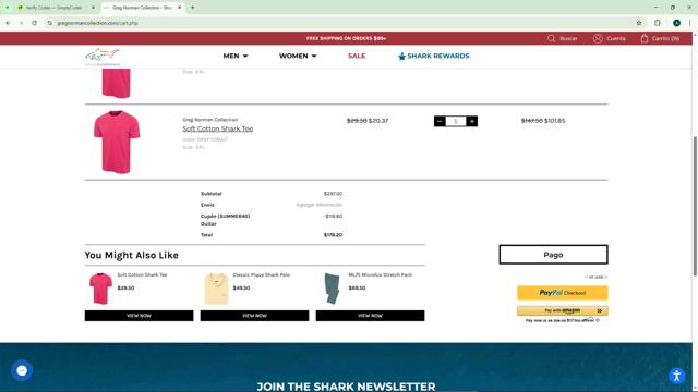 Greg Norman Collection checkout page showing Greg Norman Collection coupon code box | Screenshot taken by SimplyCodes community member on Jul 21, 2025