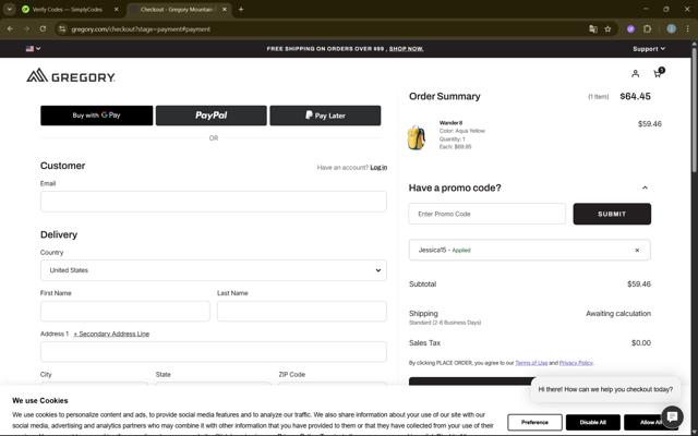 Gregory checkout page showing Gregory coupon code box | Screenshot taken by SimplyCodes community member on Aug 21, 2025
