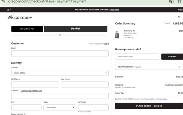 Gregory checkout page showing Gregory coupon code box | Screenshot taken by SimplyCodes community member on Aug 18, 2025