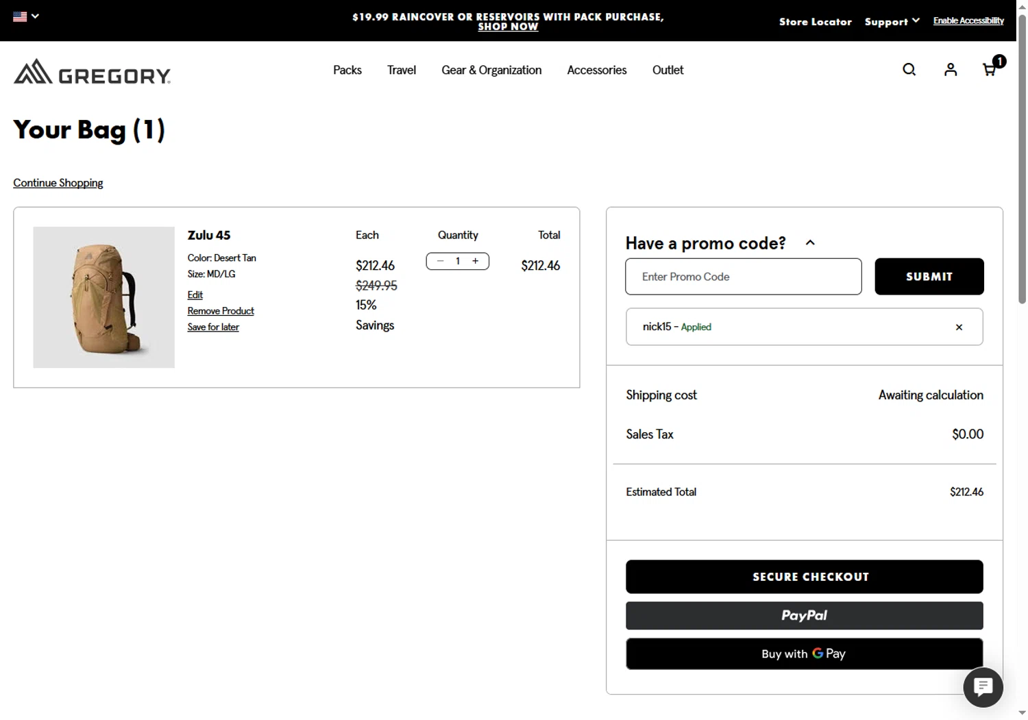 Gregory promo code screenshot showing code NICK15 applied at Gregory checkout page. Uploaded by SimplyCodes community member Sadalsuud on Jun 10, 2026