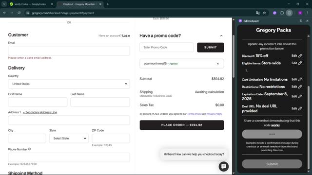 Gregory Packs checkout page showing Gregory Packs coupon code box | Screenshot taken by SimplyCodes community member on Sep 12, 2025