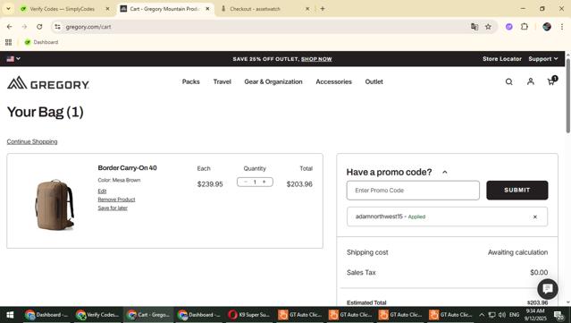 Gregory Packs checkout page showing Gregory Packs coupon code box | Screenshot taken by SimplyCodes community member on Sep 12, 2025