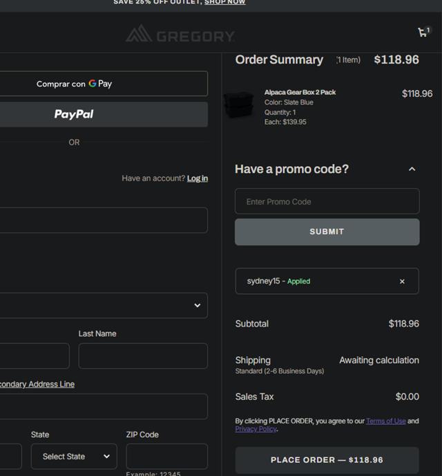 Gregory Packs checkout page showing Gregory Packs coupon code box | Screenshot taken by SimplyCodes community member on Sep 13, 2025