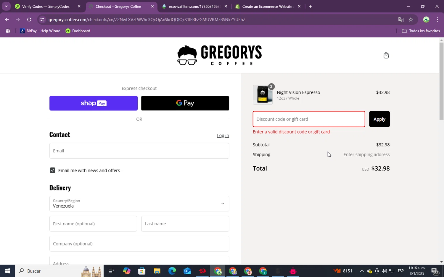 Gregorys Coffee promo code screenshot showing code WPZFIVE applied at Gregorys Coffee checkout page. Uploaded by SimplyCodes community member jungrimar on Jan 3, 2025