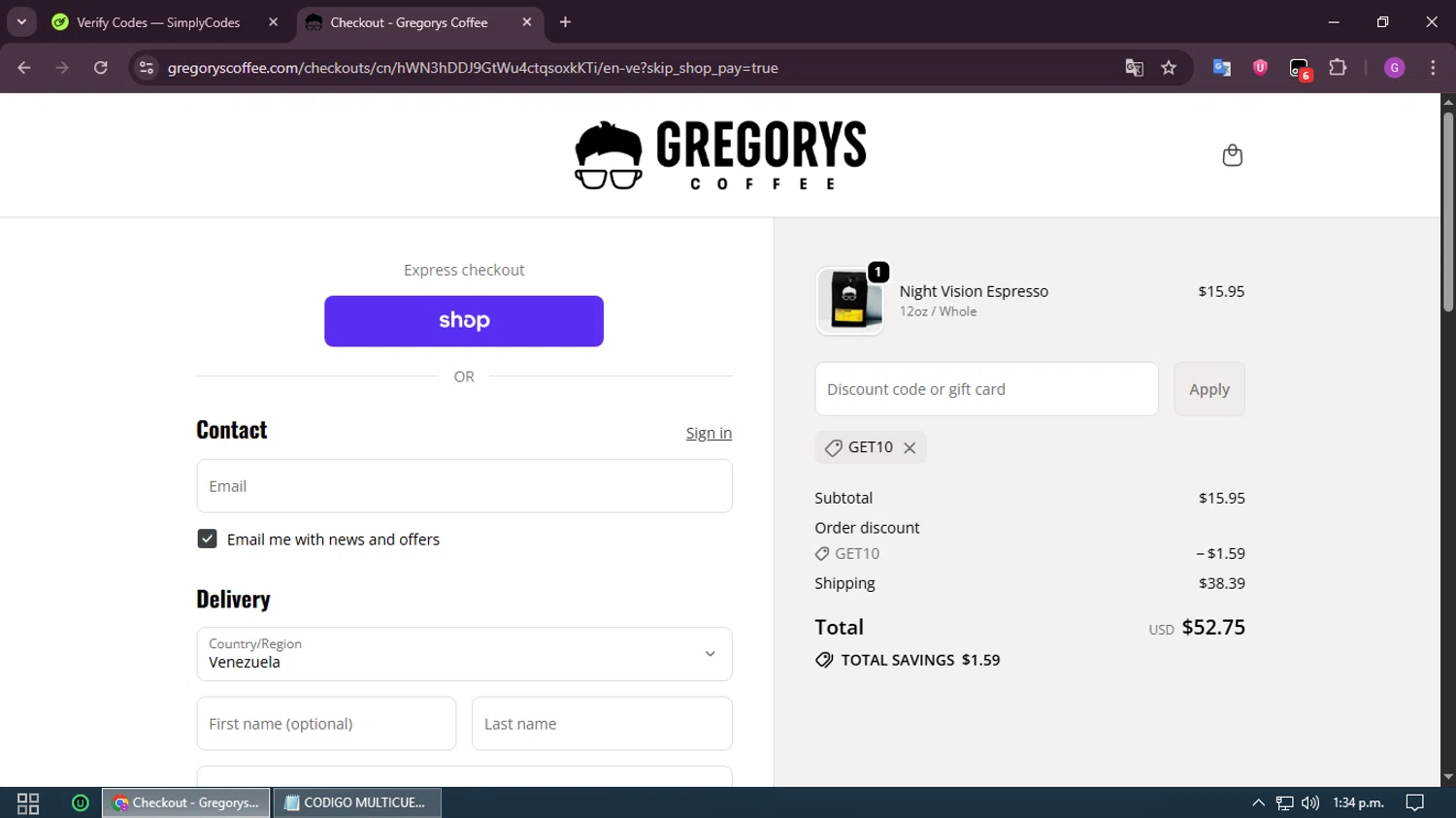 Gregorys Coffee promo code screenshot showing code GET10 applied at Gregorys Coffee checkout page. Uploaded by SimplyCodes community member RewardHero5435 on Oct 3, 2025