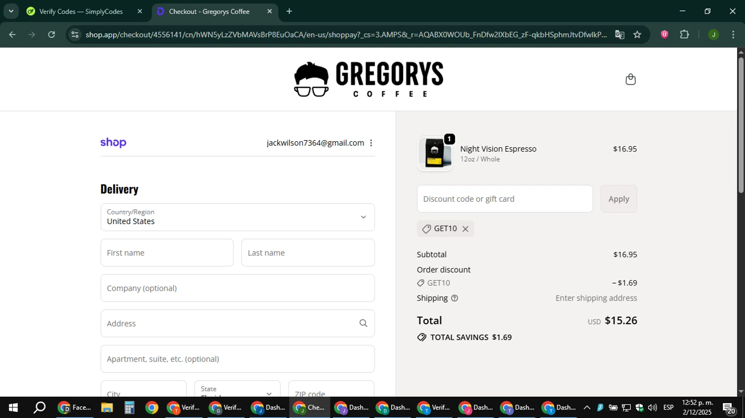 Gregorys Coffee promo code screenshot showing code GET10 applied at Gregorys Coffee checkout page. Uploaded by SimplyCodes community member ShieldFinder369 on Dec 2, 2025