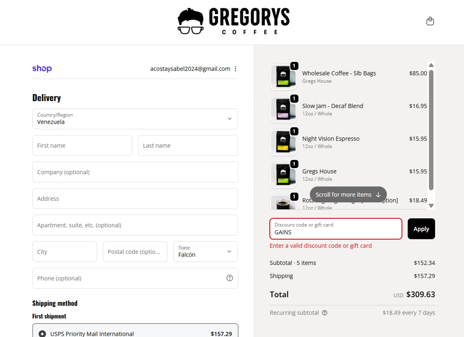 Gregorys Coffee promo code screenshot showing code GAINS applied at Gregorys Coffee checkout page. Uploaded by SimplyCodes community member Gray_75 on Sep 29, 2025