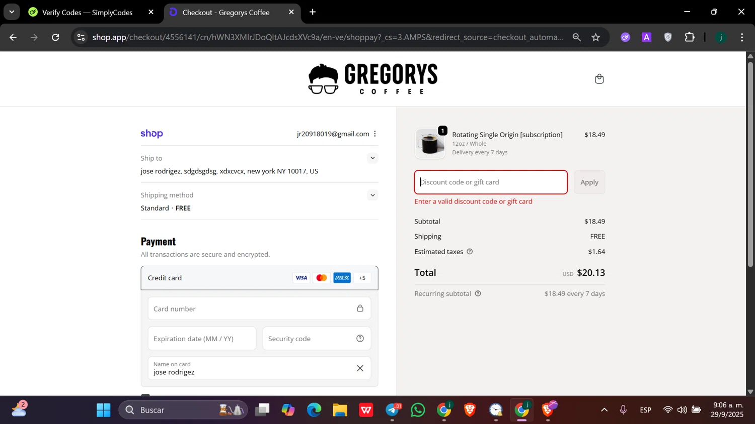 Gregorys Coffee promo code screenshot showing code GAINS applied at Gregorys Coffee checkout page. Uploaded by SimplyCodes community member hanzell2 on Sep 29, 2025