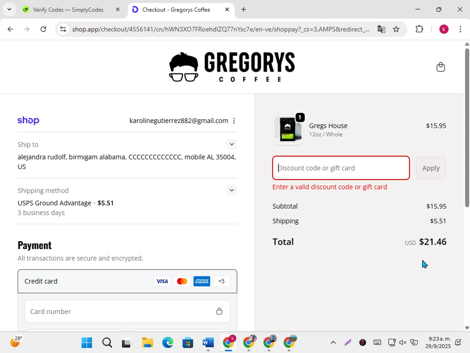 Gregorys Coffee promo code screenshot showing code GAINS applied at Gregorys Coffee checkout page. Uploaded by SimplyCodes community member karoline on Sep 29, 2025
