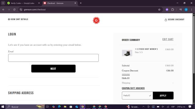 Grenson checkout page showing Grenson promo code box | Screenshot taken by SimplyCodes community member on Jul 19, 2025
