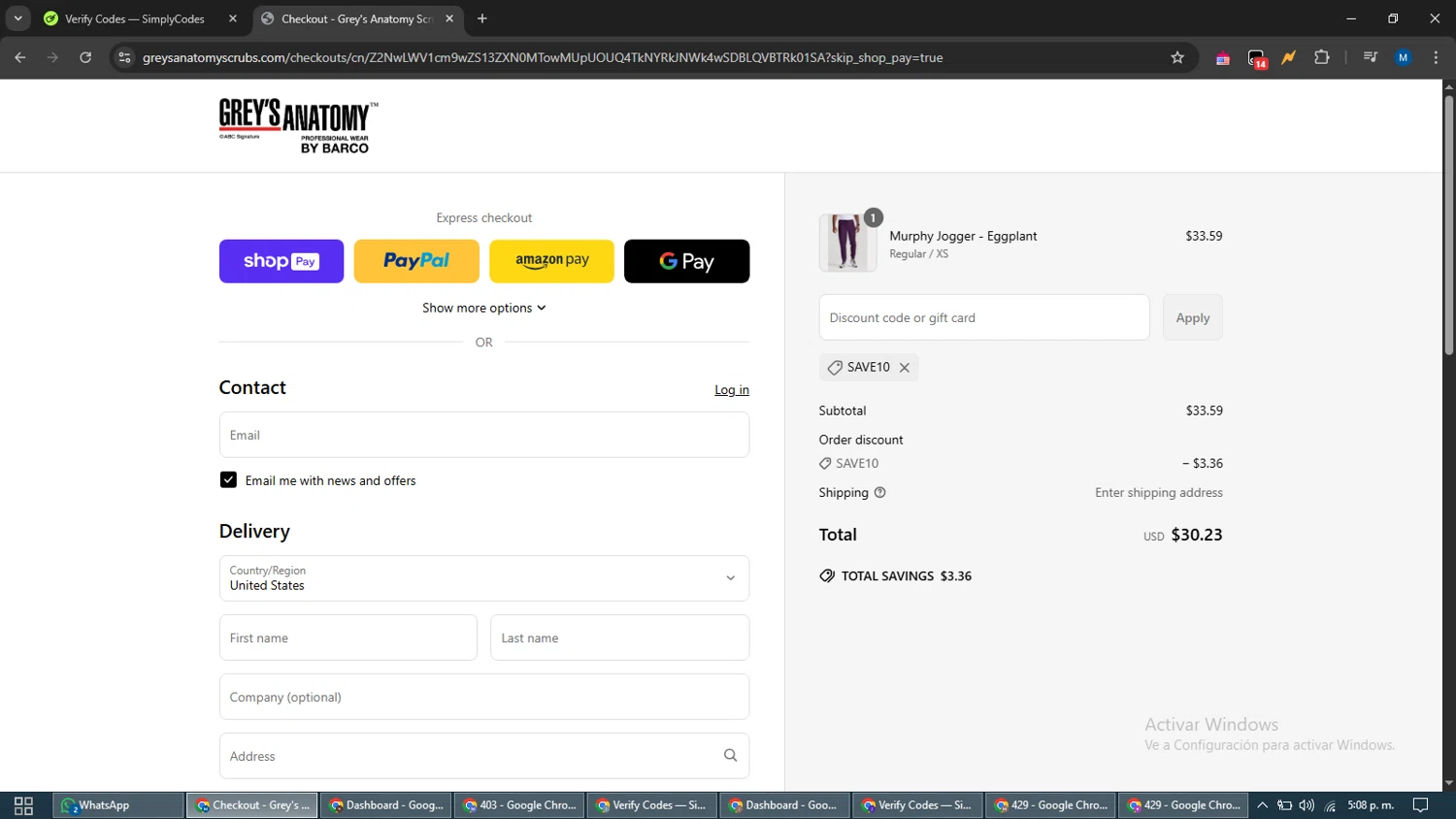 Grey's Anatomy Scrubs promo code screenshot showing code SAVE10 applied at Grey's Anatomy Scrubs checkout page. Uploaded by SimplyCodes community member EpicVoyager2820 on May 2, 2025