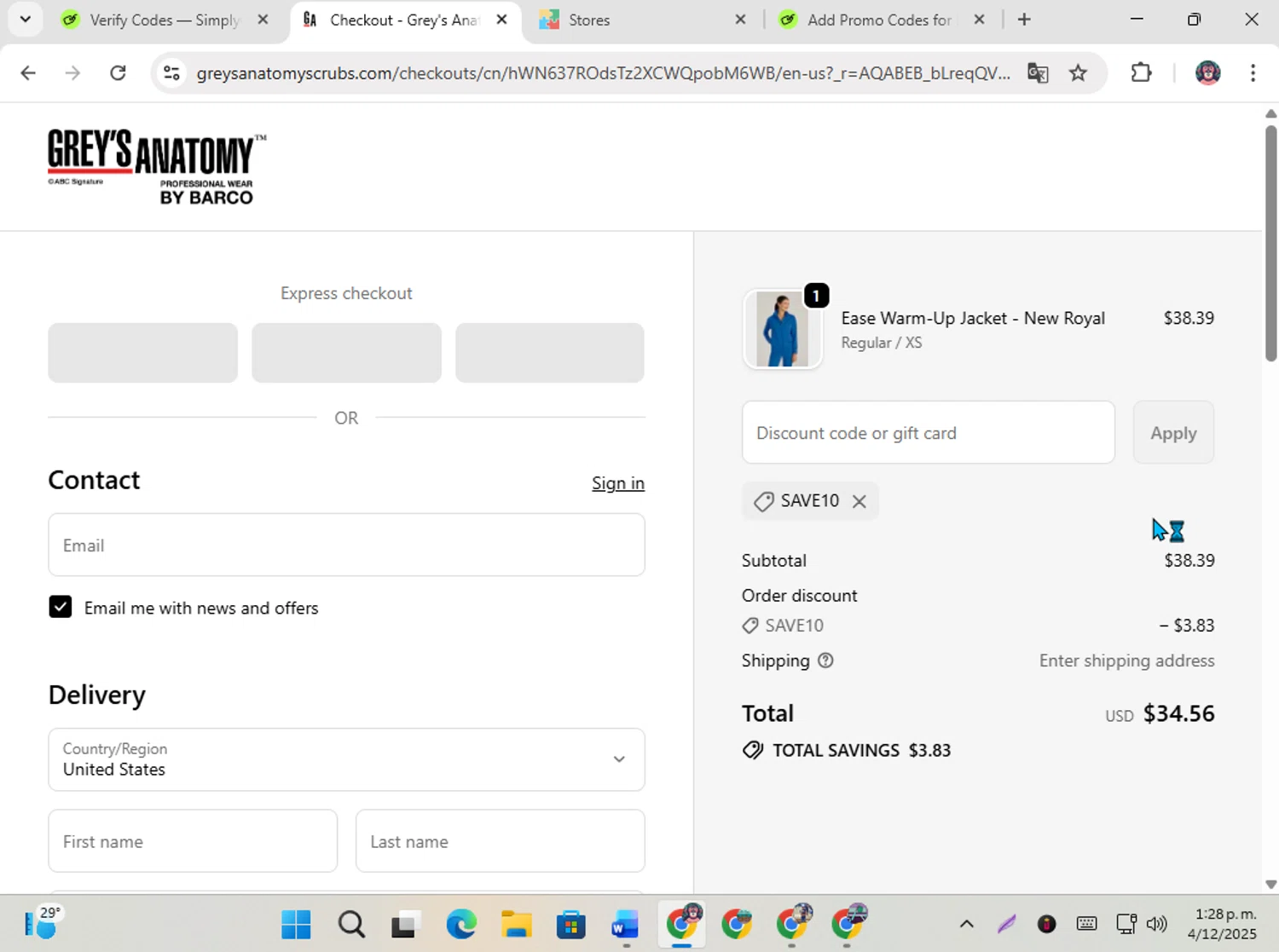 Grey's Anatomy Scrubs promo code screenshot showing code SAVE10 applied at Grey's Anatomy Scrubs checkout page. Uploaded by SimplyCodes community member karoline on Dec 4, 2025