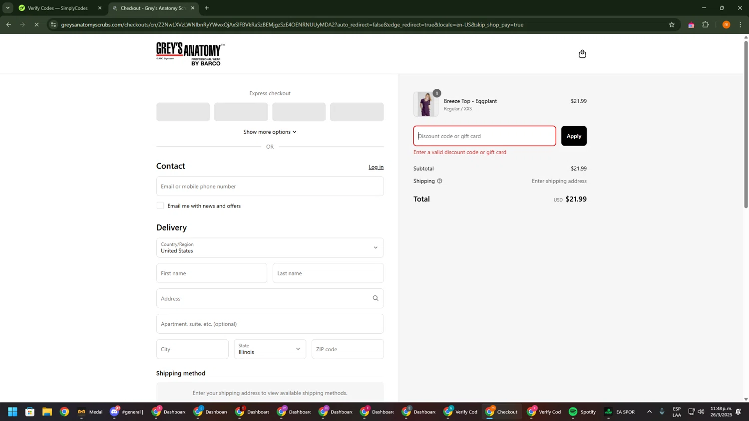 Grey's Anatomy Scrubs promo code screenshot showing code WELCOME20 applied at Grey's Anatomy Scrubs checkout page. Uploaded by SimplyCodes community member Davoxeneixe on Mar 27, 2025