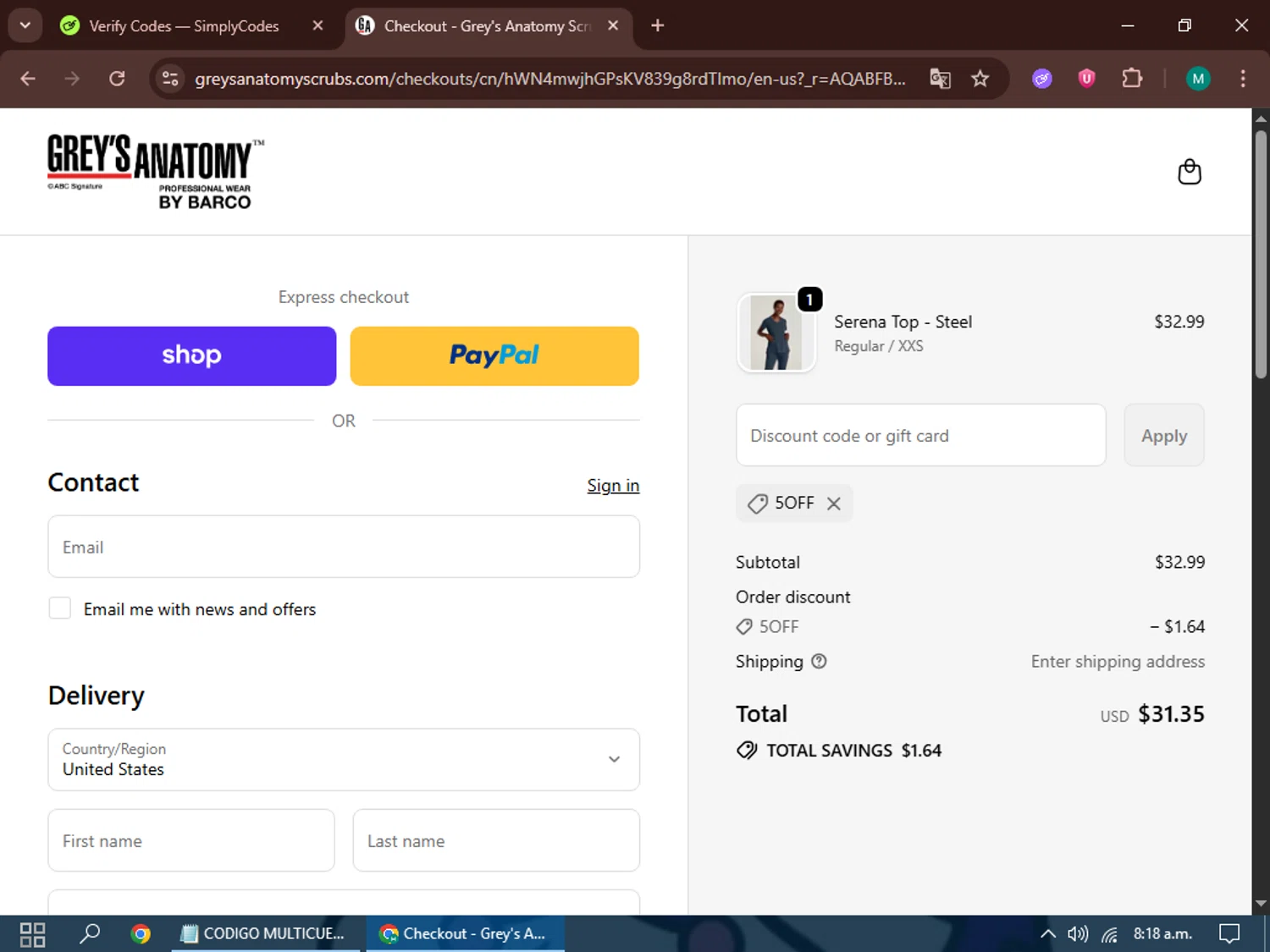 Grey's Anatomy Scrubs promo code screenshot showing code 5OFF applied at Grey's Anatomy Scrubs checkout page. Uploaded by SimplyCodes community member GleynnethR on Nov 1, 2025