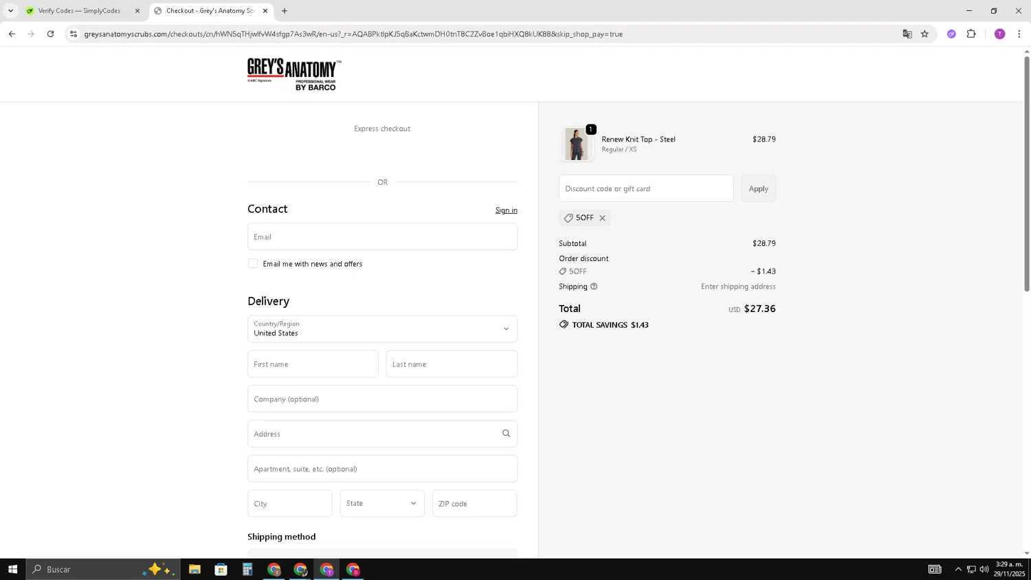 Grey's Anatomy Scrubs promo code screenshot showing code 5OFF applied at Grey's Anatomy Scrubs checkout page. Uploaded by SimplyCodes community member ShrewdSleuth9497 on Nov 29, 2025