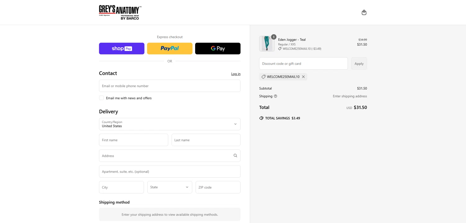 Grey's Anatomy Scrubs promo code screenshot showing code Welcome25Email10 applied at Grey's Anatomy Scrubs checkout page. Uploaded by SimplyCodes community member Dorothy on Mar 21, 2025