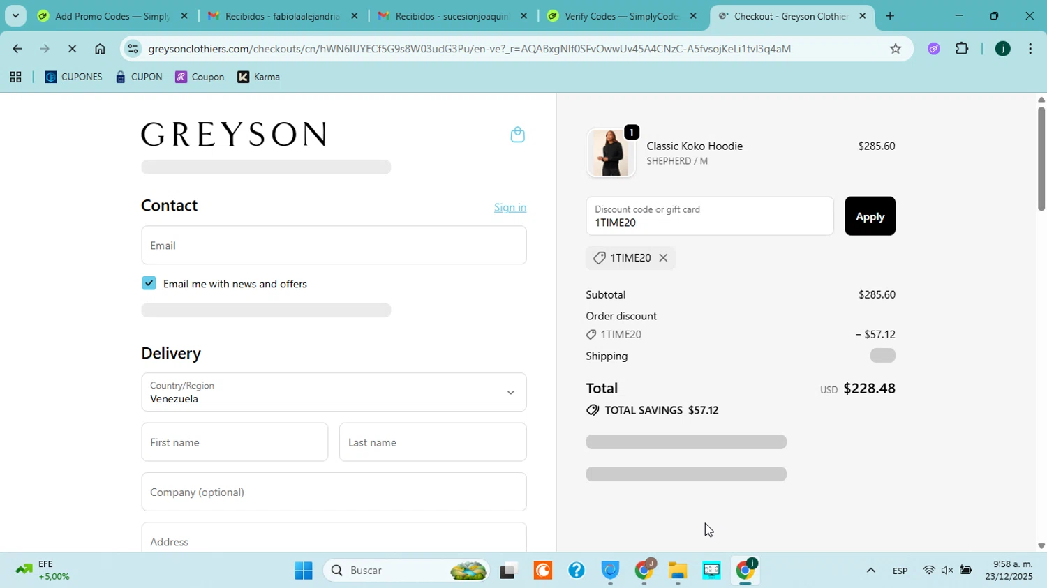 Greyson Clothiers discount code screenshot showing code 1TIME20 applied at Greyson Clothiers checkout page. Uploaded by SimplyCodes community member ABHF23 on Dec 23, 2025